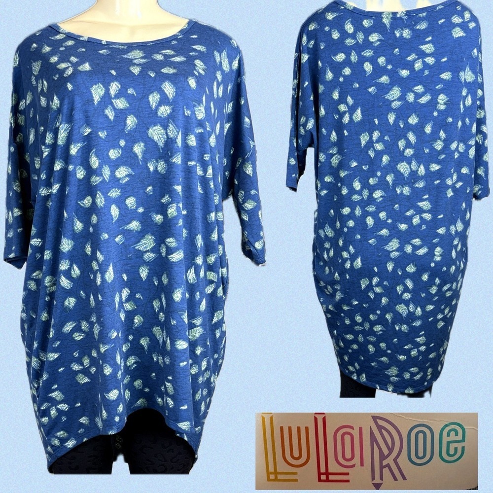 LuLaRoe Irma Tunic Top Half Sleeve Blue Green Leaf Print Crew  High Step-Hem L